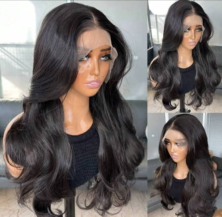 22" Natural Black Curtain Bangs Lace Front Wig – 150% Density