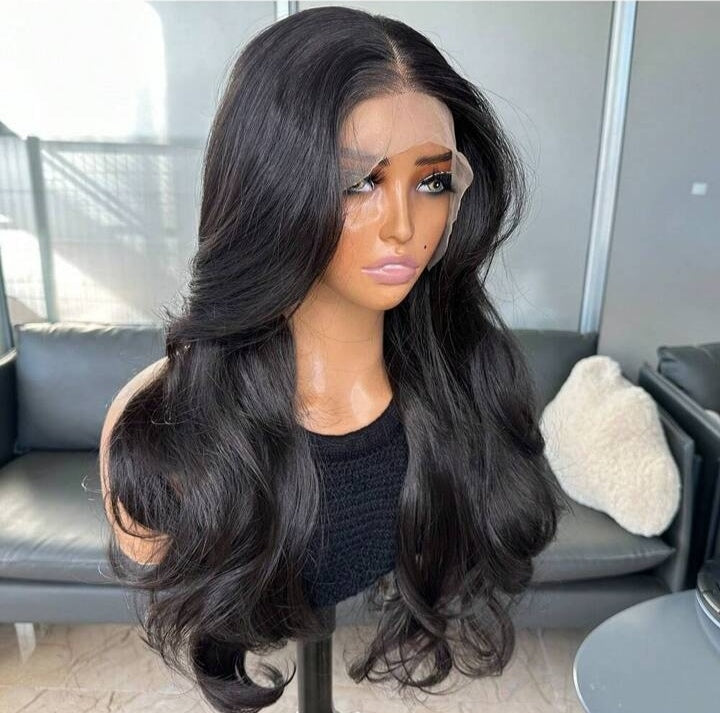 22" Natural Black Curtain Bangs Lace Front Wig – 150% Density