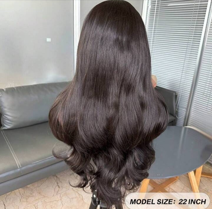 22" Natural Black Curtain Bangs Lace Front Wig – 150% Density